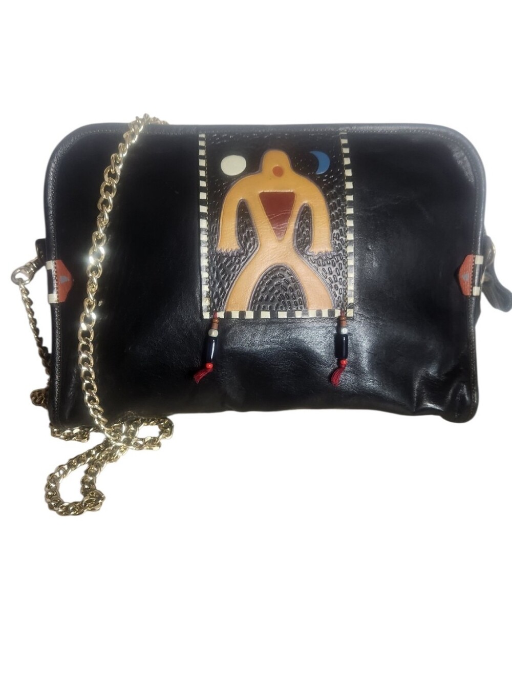 Turtle Ridge Black Leather Crossbody Bag with Artistic Appliqué
